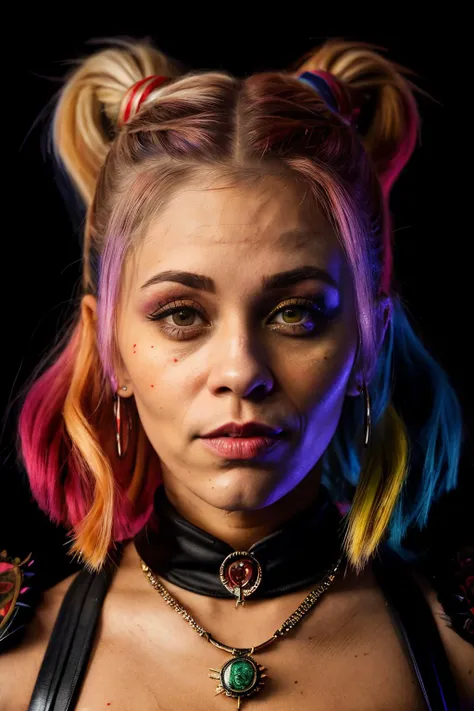 A stunning intricate full color up close portrait of paigeVanZ1 , dressed up as full body Harley quinn jester outfit , epic character composition, by ilya kuvshinov, alessio albi, nina masic, sharp focus, natural lighting, subsurface scattering, f2, 35mm
