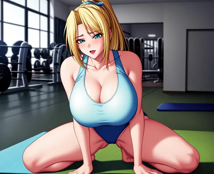 <lora:Hasekura_Ritsuko_lora:0.5>, long_hair, blonde_hair, aqua_eyes, high ponytail,
(masterpiece:1.2), best quality, game cg,highly_detailed,extremely_detailed_CG_unity_8k_wallpaper,illustration,highres,absurdres,pov, window shade, light particles,
(1girl), (full body:1.3), (mature_female), gym,
Beautiful long legs,Beautiful body,Beautiful Nose,Beautiful character design, perfect eyes, perfect face,
gym uniform, sportswear, lipstick,
(exercise), breasts, (large breasts), cleavage, (yoga), feet,
