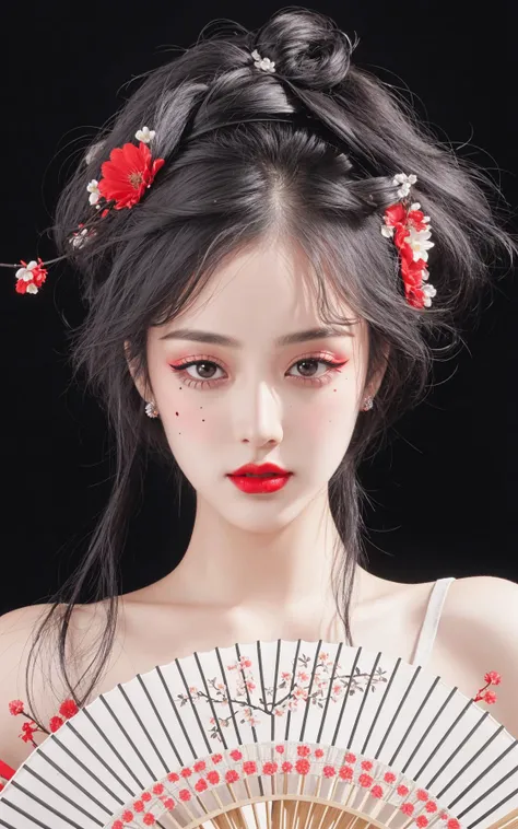 1girl, solo, hand fan, hair ornament, mole, black hair, red lips, black background, looking at viewer, folding fan, flower, makeup, hair flower, simple background, lipstick, bare shoulders, black eyes, portrait, holding fan, mole under eye, realistic, lips, holding