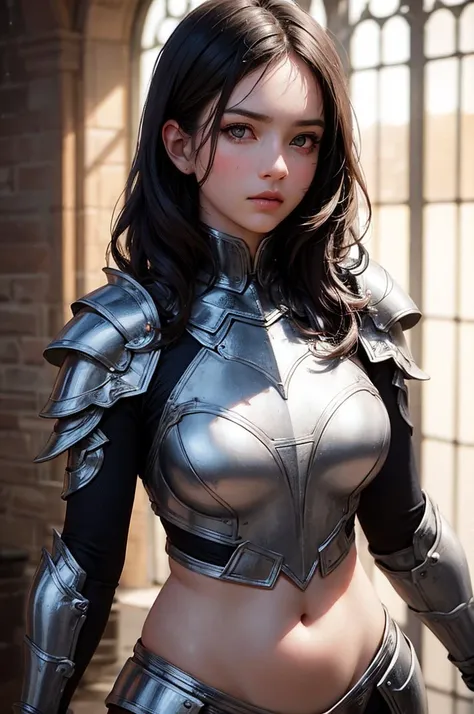 (ultra photorealistic:1.3), (masterpiece:1.4), best quality, ((realistic)), high quality, ultra detailed, ((Real picture)), ((realistic skin)), ((realistic face)), (best quality:1.1), (illustration:1.05), (1girl:1.05), (beautiful:1.05), (beautiful detailed eyes:1.05), (cinematic light:1.1), light blue highlights, emotionless, full-length body, solo girl, cute, armor, shoulder pads, open belly, castle in the background, in front of