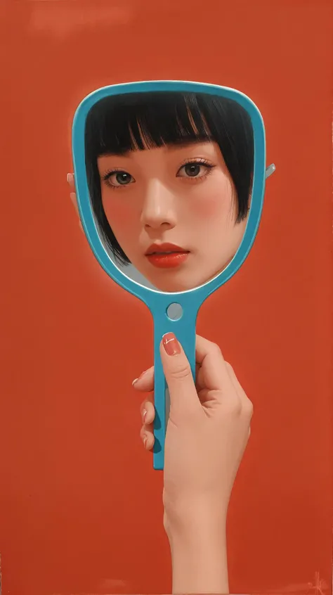solo, 1girl, mirror, black hair, bangs, blunt bangs, reflection, black eyes, short hair, red background, holding, looking at viewer, simple background, fingernails, traditional media, lips