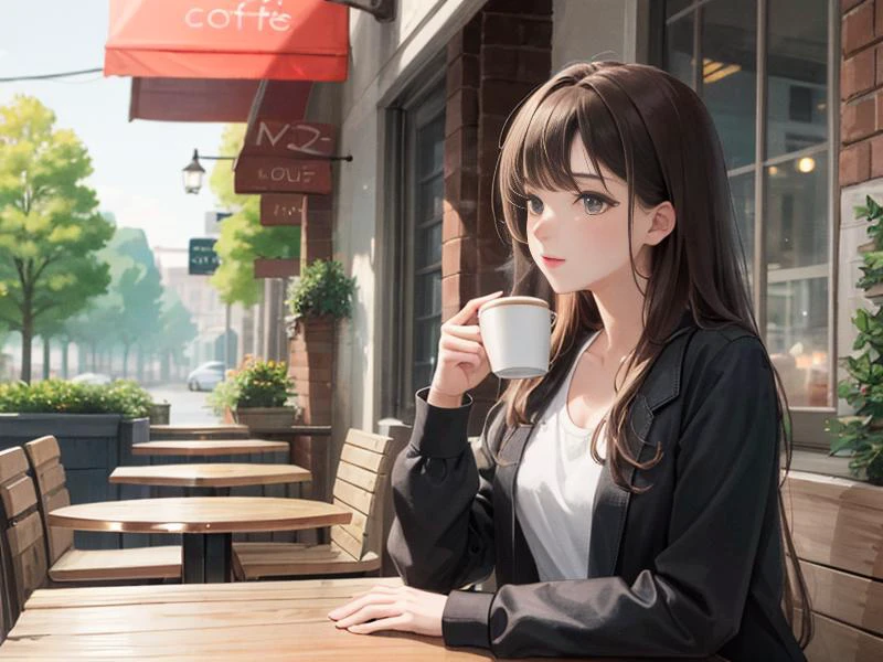 (8k, best quality, masterpiece:1.2),(best quality:1.0),ultra highres:1.0, extremely detailed, render, 4k, absurdres, HDR,
a young girl drinking coffee in coffee shop, outdoor,