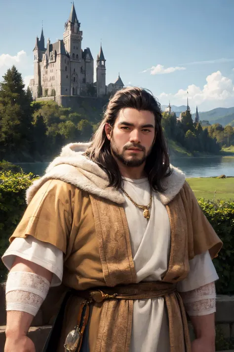 best quality, masterpiece,  a castle in the background, realistic skin,  1man, dwarf warior, upper body