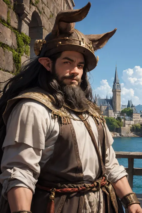 best quality, masterpiece,  a castle in the background, realistic skin,  1man, dwarf warior, upper body