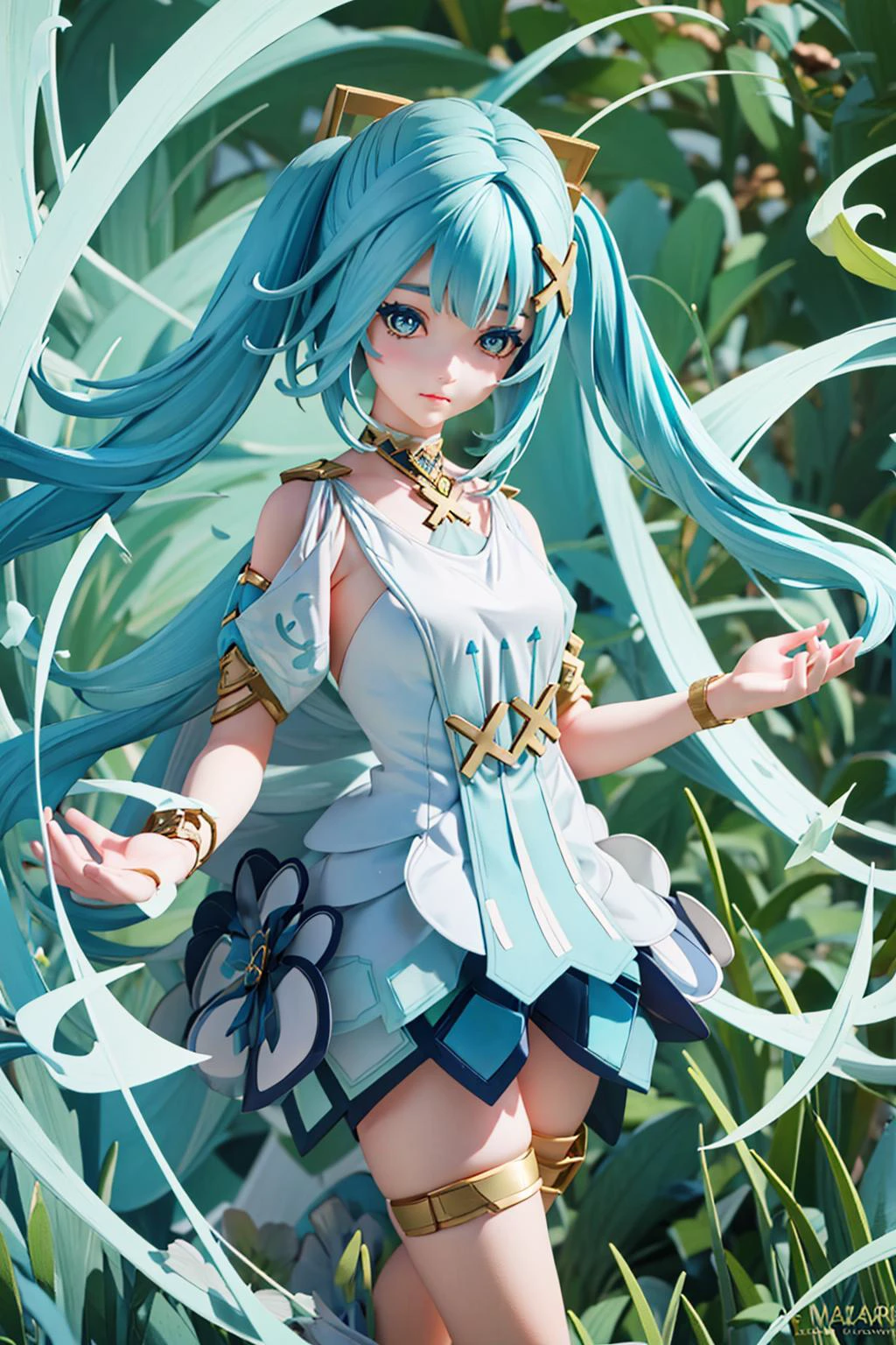 Award-winning art, anime girl, Faruzan genshin impact, full person body, beautiful eyes, neat leaps, 1girl, solo, hair ornament, light cyan hair, twintails, long hair, ornamented dress, neckless, low camera angle, 3D-model, realistic render, 4k, masterpiece, dramatic lighting, <lora:blindbox_v1_mix:0.7> <lora:figma1:0.4> <lora:falushan:1>