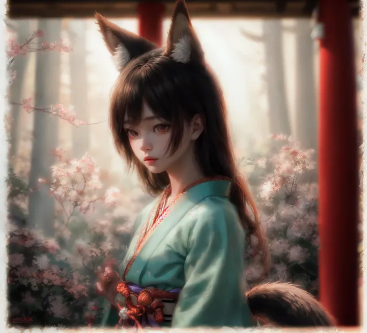 masterpiece, best quality, 1girl, looking at another, outdoor, evening glow, japanese little deity with fox ears and tail, weathered and unpopular Shinto shrine, deity's lonely expression and gestures waiting for visitors, whimsical and endearing personality displayed through humorous actions and expressions, small accompanying spirits, serene Japanese landscape, surrounding forest, rim lighting, side lighting, cinematic light, ultra high res, 8k uhd, film grain,best shadow, delicate, RAW, light particles, detailed skin texture, detailed cloth texture, beautiful detailed face, intricate details, ultra detailed, <lora:hipoly_3dcg_v7-epoch-000012:0.4> , <lora:add_detail:0.3>