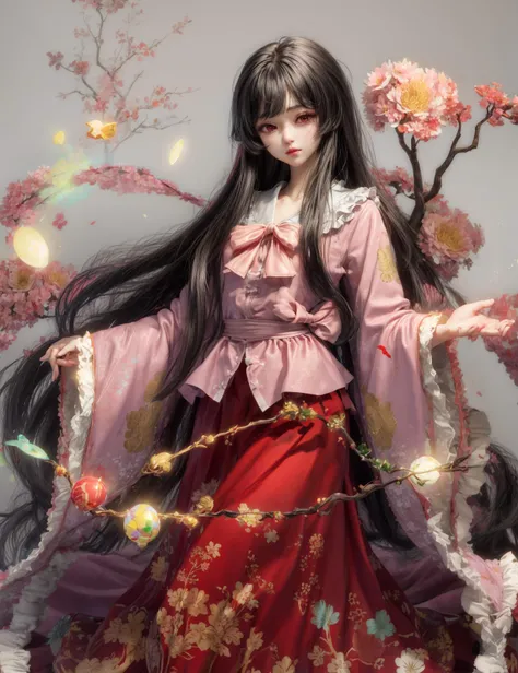 masterpiece, best quality, <lora:kaguya:1>,1girl,houraisan kaguya, jeweled branch of hourai,branch,black hair,long hair,red eyes,skirt, wide sleeves,grey background,<lora:hipoly_3dcg_v7-epoch:0.7>, <lora:add_detail:1>,