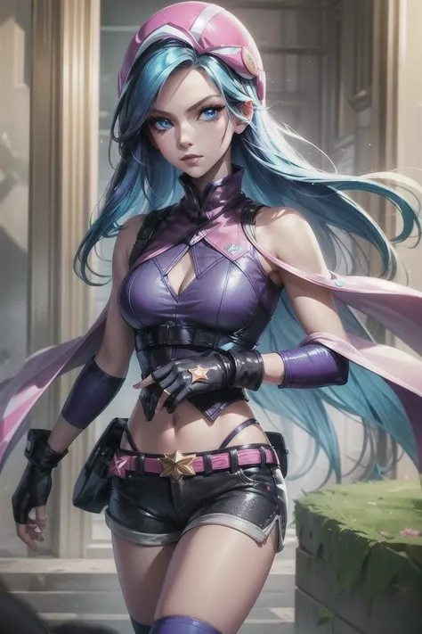 portrait shot of caitlynlol, arcade caitlyn, star ornaments, 1girl, solo, blue eyes, light blue hair, long hair, purple helmet, purple outfit, mini shorts,, purple gloves, pink belt, pink capelete, thighhighs, (detailed face), city background, <lora:caitlynlolv2:0.6>, <lora:more_details:0.5>