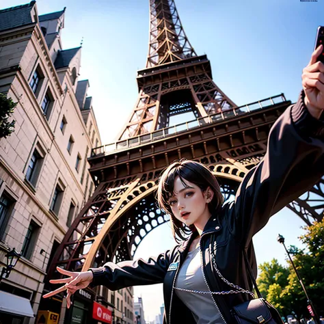 best quality, ultra high res,
1girl,at eiffel tower, from below, selfie stick, V gesture, full body,