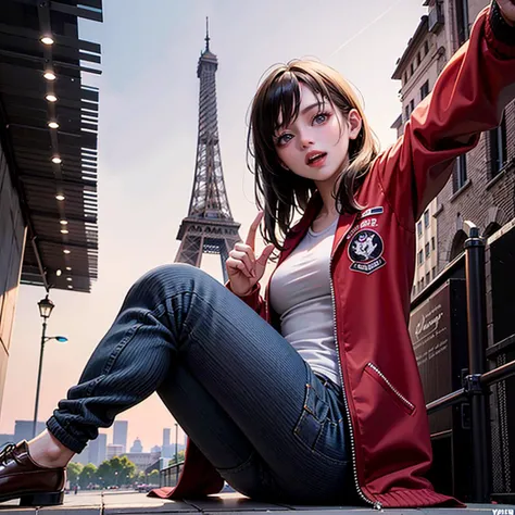 best quality, ultra high res,
1girl,at eiffel tower, from below, selfie stick, V gesture, full body,