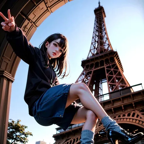 best quality, ultra high res,
1girl,at eiffel tower, from below, selfie stick, V gesture, full body,