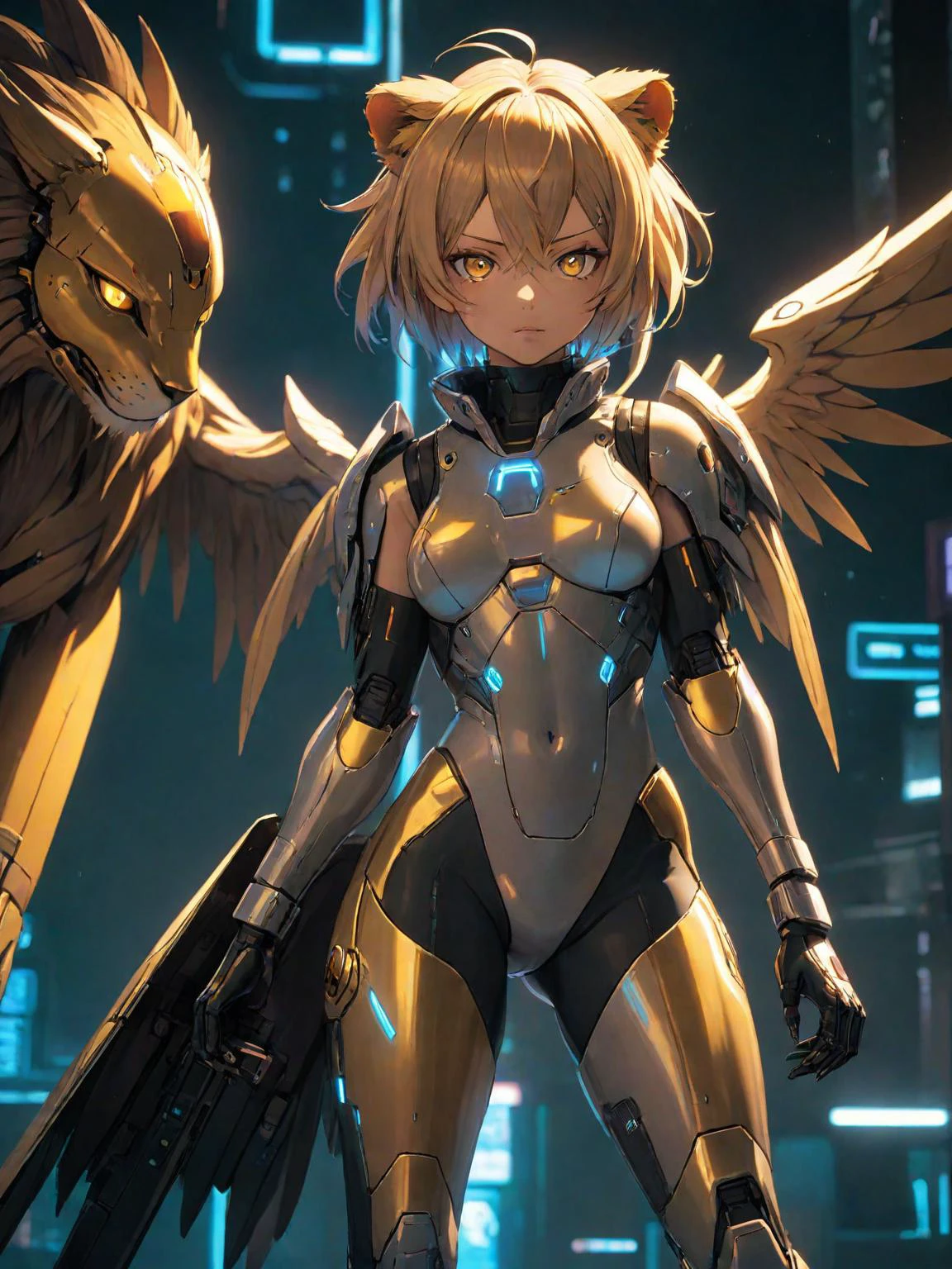 anime artwork (full body shot:1.5), a woman with the head of a lion and wings by daveemurke in the style ayami kojima in cyberpunk 2077. extremely detailed. 8k resolution. trending on art station. octane render. cinematic lighting. portrait. sharp face. ultra realistic digital concept art. subsurface scattering shiny skin!! tatooine lens flare!!! studio photography. 35mm f1.8 aperture/2.3 dg hsmax. high resolution <lora:EnvyCyberXL01:1> cyber <lora:EnvyMonsterGirlXL01:1>, anime style, key visual, vibrant, studio anime, highly detailed, <lora:LCM_LoRA_Weights:0.7>