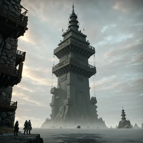 a tower in the northern sea sotcstyle <lora:Shadow_of_teh_Colosus_v1-000020:0.8>