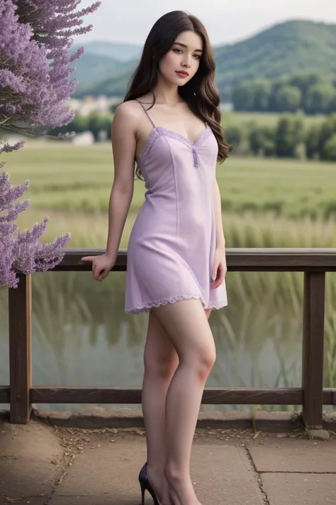 A girl in a lush lilac dress lies on the green grass