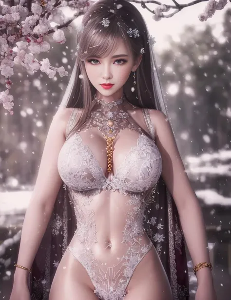 ultra realistic 8k cg, flawless, clean, masterpiece, professional artwork, famous artwork, cinematic lighting, cinematic bloom, perfect face, beautiful face, fantasy, dreamlike, unreal, science fiction, lace, lace trim, lace-trimmed legwear, luxury, jewelry, diamond, gold, pearl, gem, sapphire, ruby, emerald, intricate detail, delicate pattern, charming, alluring, seductive, erotic, enchanting, hair ornament, necklace, earrings, bracelet, armlet,halo,autumn,
((,1girl, pov,best quality, )) , ((((1girl, solo,outdoors, large breasts,,snowflakes, snow, snowing, plum blossoms,upper body, )))) <lora:DA_HClothing:0.6>