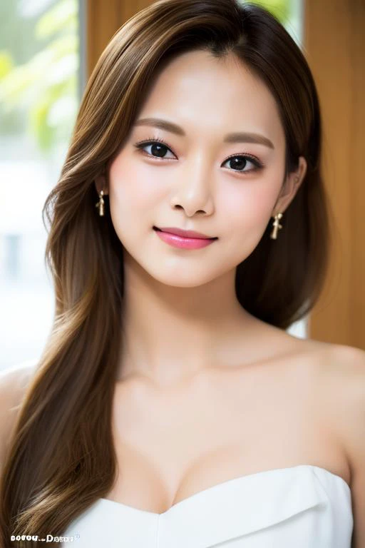 (RAW photo, best quality), (realistic),photo, best quality ,masterpiece, an extremely delicate and beautiful, extremely detailed, CG ,unity, 2k wallpaper, finely detail, masterpiece, best quality, huge filesize, ultra-detailed, highres, extremely detailed, 1girl, slim body,(strapless crop top), upper body, portrait, porcelain skin, 1girl, solo, jewelry, earrings, brown hair, long hair, realistic, extremely detailed face, extremely detailed eyes, ((smile)), rainy , tzuyu, chewy, <lora:xelors_TwiceTzuyu_V2.0:0.8>