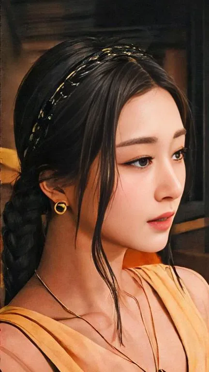 a close up of a person with a cell phone, elegant fantasy style braids, clear makeup, human actress, thin round earrings, tang mo, delicate eyebrows, silver earring, 3/4 profile, cine still, nymphaea, very detailed stunning deep eyes, shoulder length black hair, round ears, official photos, <lora:tzuyuFromTwice_v10:0.7> (ulzzang-6500-v1.1:0.2)
