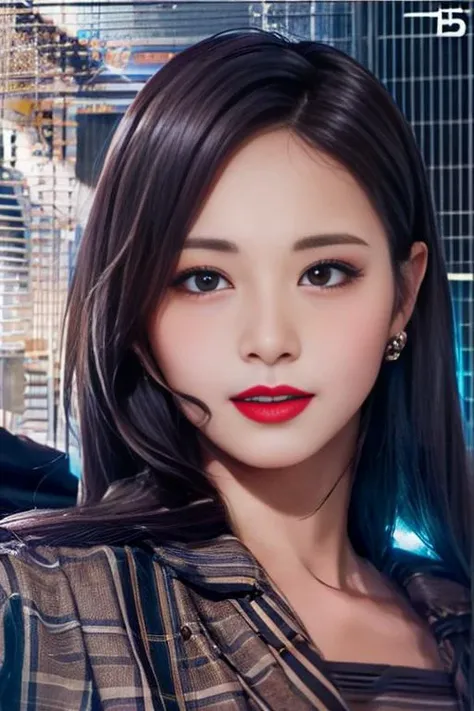 a woman with a red lip and a plaid shirt on posing for a picture with a blue and white background, <lora:tzuyuFromTwice_v10:0.7>  (ulzzang-6500-v1.1:0.2)