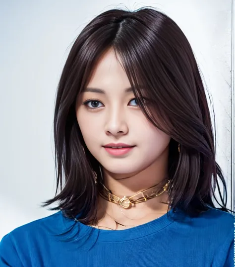 a woman with a blue shirt and a necklace on her neck and a blue shirt on her shoulder and a white background, highres, highly detailed, <lora:tzuyuFromTwice_v10:0.7> (ulzzang-6500-v1.1:0.2)