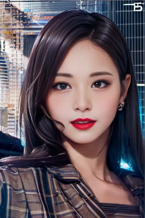 a woman with a red lip and a plaid shirt on posing for a picture with a blue and white background, <lora:tzuyuFromTwice_v10:0.7> (ulzzang-6500-v1.1:0.2)