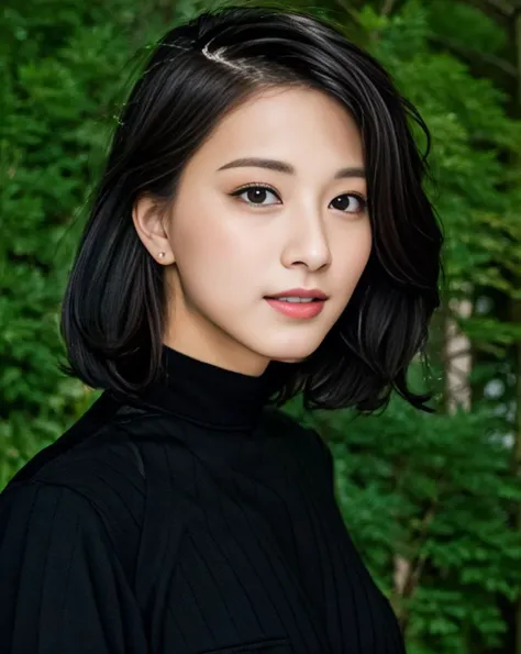 a woman with a black turtle neck top and a green background with trees and bushes behind her, looking at the camera, highres, highly detailed, <lora:tzuyuFromTwice_v10:0.7> (ulzzang-6500-v1.1:0.2)