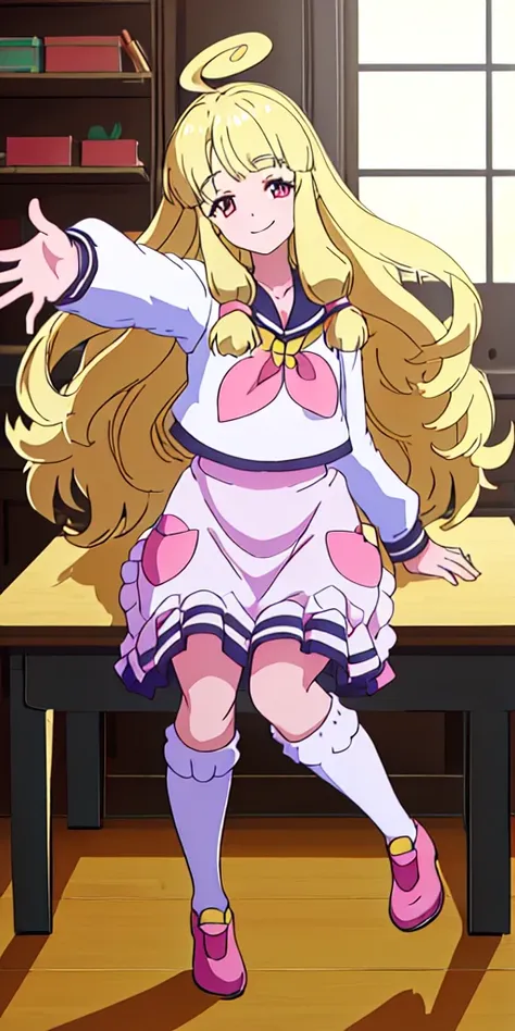 masterpiece, best quality, 1girl,<lora:hahajimafuwari_v3:0.8>, dynamic pose,hahajimafuwari, yellow hair,pink eyes,{{ahoge}}, white serafuku,{sitting on desk}, reaching out, smile,full body