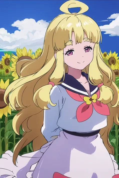 masterpiece, best quality,illustrious,hahajiamafuwari, 1girl,solo,{{ahoge}},pink eyes,white serafuku,{{waist apron}},{{{arms behind back}}},{{arms down}},{{hands down}},light simile,{{multicolored background}}, {landscape}, blue sky, sunflower,outdoor,{{looking at viewer}}, smile, masterpiece, best quality,