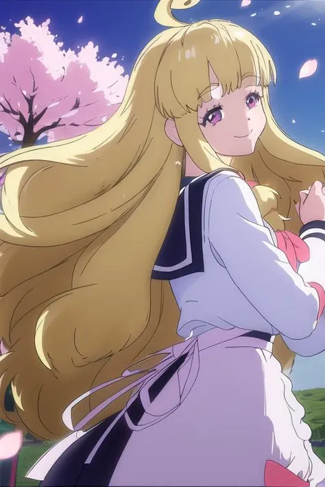 masterpiece, best quality,illustrious,hahajiamafuwari, 1girl,solo,{{ahoge}},pink eyes,white serafuku,{{waist apron}},{{arms down}},{{hands down}},light simile,{{multicolored background}}, {landscape}, cherry blossoms,outdoor,{{looking back}}, smile, masterpiece, best quality,
