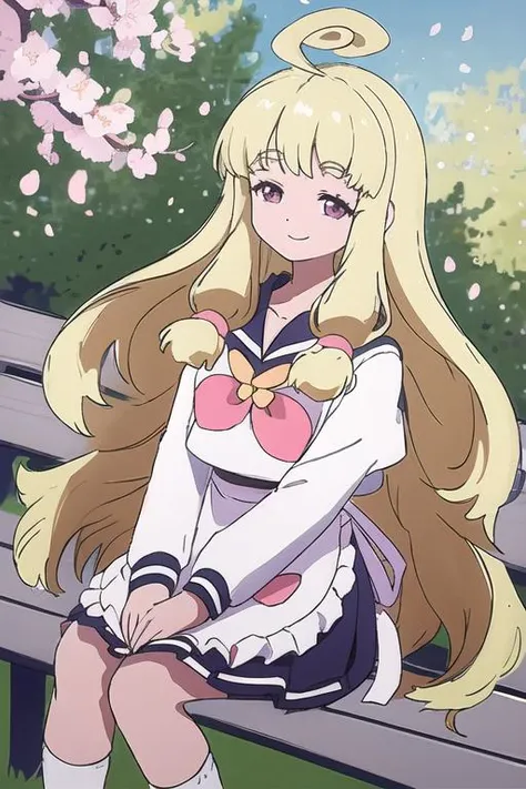 masterpiece, best quality,illustrious,hahajiamafuwari, 1girl,solo,{{ahoge}},pink eyes,white serafuku,{{waist apron}},{{arms down}},{{hands down}},light simile,{{multicolored background}}, {landscape}, cherry blossoms,outdoor,smile,sitting on bench,looking at viewer,, masterpiece, best quality,
