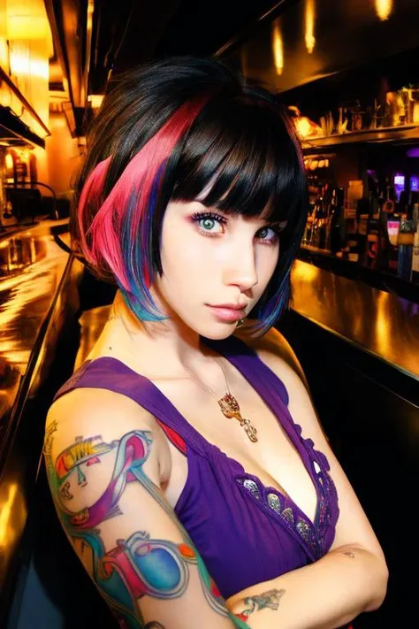 anime artwork  <lora:RealEmoFace:1.15>, a woman leaning over bar, tattoo, nose piercing, petite, side lighting, photo, bar counter, eye contact, pov, cleavage, arm band, short hair with bangs, perfect face, perfect hands, <lora:GoodHands-vanilla:0.5> highres, (best quality:1.2), 8k    . anime style, key visual, vibrant, studio anime,  highly detailed