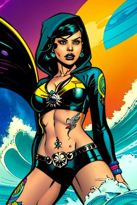 comic <lora:EmoFaceHentai:0.7>, Wave Art Style, 1girl, solo, cute, posing, tattoos, piercings:1.5, space pirate, hooded sweat, bikini top, graphic illustration, comic art, graphic novel art, vibrant, highly detailed