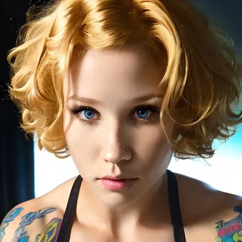 1girl, solo, <lora:RealEmoFace:1>, tattoos:0.35, perfect face, blonde afro, perfecteyes <lora:lora_perfecteyes_v1_from_v1_160:0.25>, black, 8k, masterpiece, sharp, absurdres, studio lighting, intricate, epic, 8k, photorealism, highly detailed