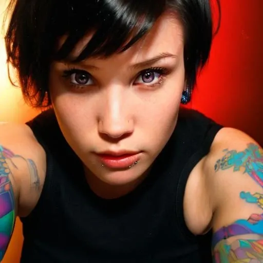 1girl, solo, <lora:RealEmoFace:1>, tattoos:0.35, perfect face, short black hair, perfecteyes <lora:lora_perfecteyes_v1_from_v1_160:0.25>, black, 8k, masterpiece, sharp, absurdres, studio lighting, intricate, epic, 8k, photorealism, highly detailed
