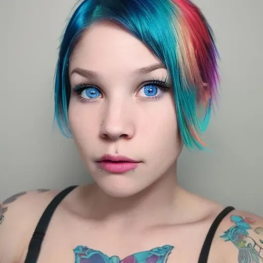 A woman with an eyebrow piercing <lora:RealEmoFace:1.1>, tattoos:0.35 ,perfect face, short multicolored hair, perfect blue eyes, 8k, masterpiece,