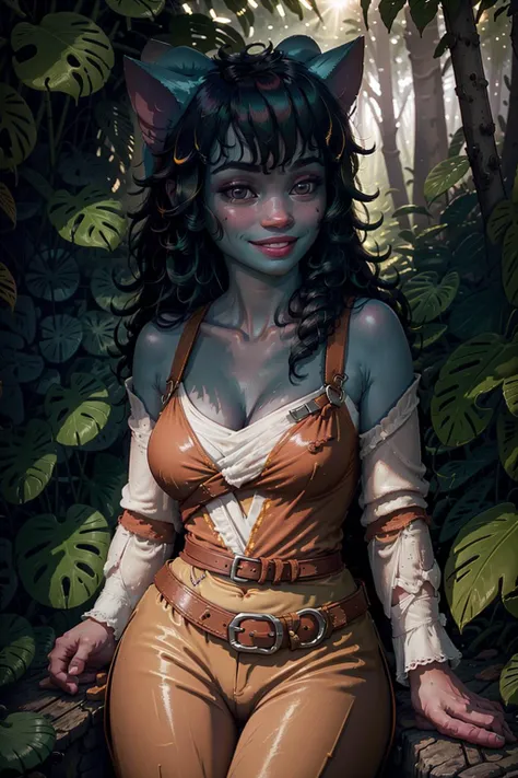 Roberta, 1girl, solo, long hair, breasts, smile, bangs, animal ears, collarbone, camisole, belt, pants, colored skin, furry, in the deep dark jungle, sunshine, godrays, cinematic lighting, depth of field, bokeh, realism, photorealistic, hyperrealism, professional photography, uhd, dslr, hdr, <lora:Roberta-000014:0.8>
