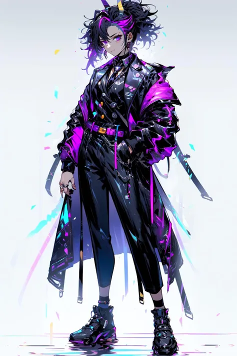 <lora:samurai_punk02:1>, solo, 1boy, shirt, male focus, streaked hair, virtual youtuber, full body, pants, multicolored hair, purple eyes, belt, white background, purple hair, jacket, black footwear, vest, black pants, looking at viewer, collared shirt, black jacket, hand in pocket, standing, purple shirt, simple background, long sleeves, grey hair, jewelry, ring, smile, buckle, necktie, formal, shoes, belt buckle, open clothes, buttons, black belt, closed mouth, suit, open jacket, hand up, lapels, black vest, earrings