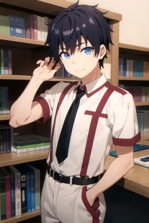 masterpiece, best quality, , 1boy, solo, male focus, looking at viewer, , , , , <lora:yasuo_hazuki:0.74>, yasuo_hazuki, black hair, blue eyes, funny costume, The Isle of the Dragon,