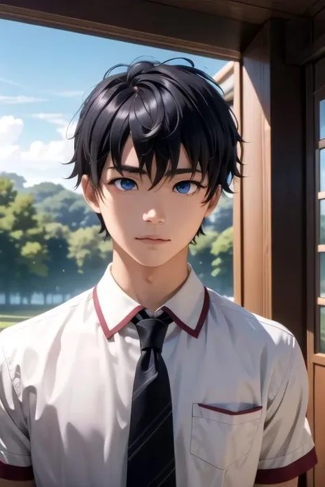 Anime boy with black hair and blue eyes wearing a white shirt and tie ...