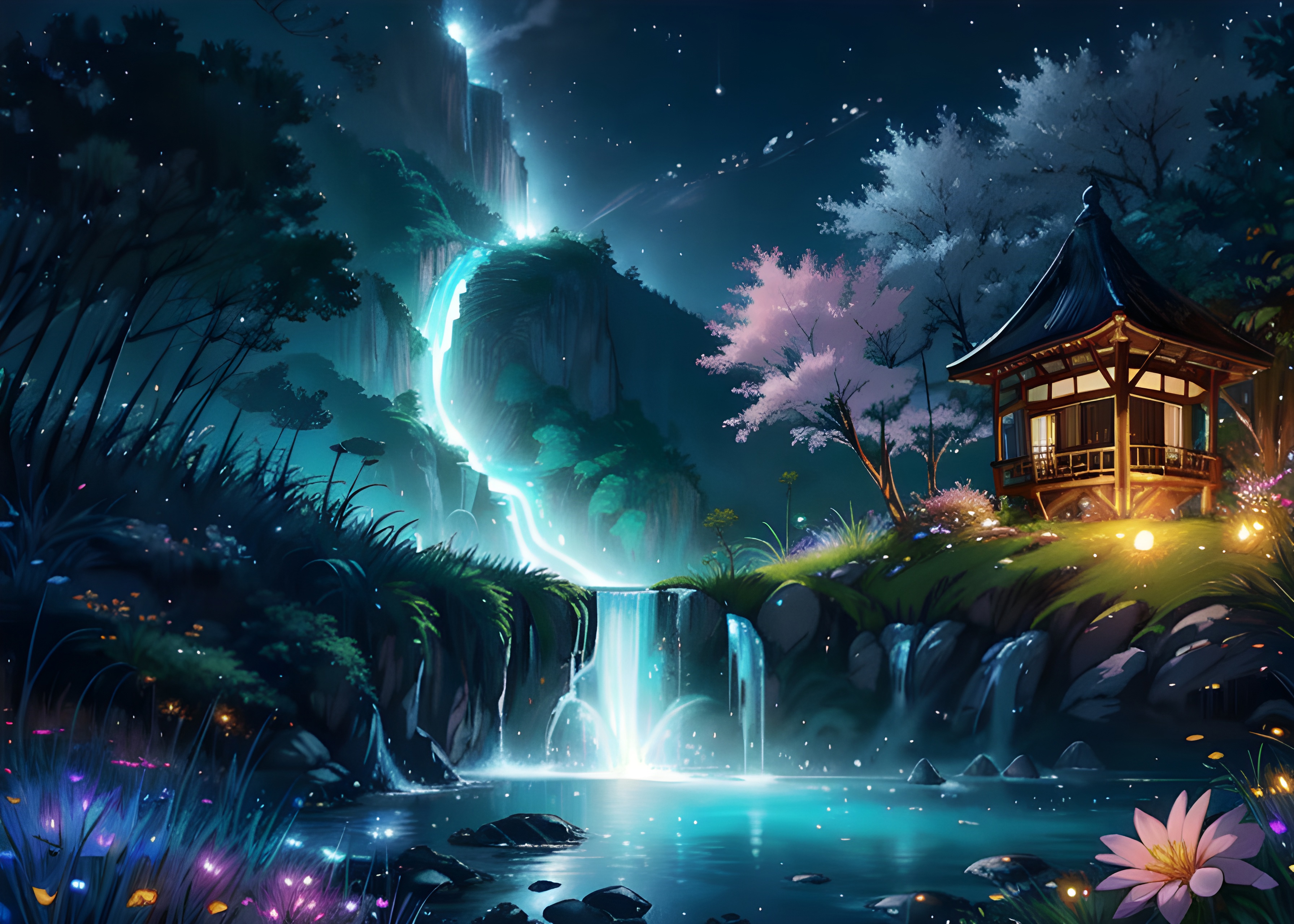 A small house in the middle of a forest with a waterfall - SeaArt AI
