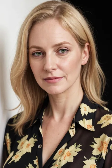 portrait photography of an british actress, 48yo, wearing floral print blouse, dirty blonde hair, pale skin, green eyes, detailed iris, (folds, older skin:1.2), dimples, black background, studio lighting