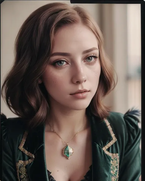 (Glamour:1.3) photo of a 20yo, beautiful winsome, demure English rose film starlet, Magda Delaney-Rhodes, solo, (Redhead), Stylish (undercut:1.3), cat eyeliner, (looking at viewer), ( Warm grey eyes, comforting and gentle, like a dove's feathers, ), (Spirited Twinkle :1.3), (seductive:1.2), flirtatious, (mole on cheek:1.1), loose plunging pendant necklace, short Couture revealing
( Brocade tailored jacket in rich emerald green with gold embroidery, matching high-waisted shorts, lace-up boots, and a velvet top hat adorned with peacock feathers, :1.3), (hourglass Figure:1.2), (huge soft breasts:1.4), (saggy breasts), (cleavage:1.2), (realistic skin:1.1), (shiny skin:1.1), (skindentation), sitting, (fashionable Boutique Hotel Lobby:1.3), nighttime, (close up:1.2) (eye level:1.2), (shallow depth of field:1.2), Shot using a (Polaroid Land Camera Model 95 Camera:1.3), using a (114mm f/8.8 lens:1.3), on (Polaroid Color film:1.3), in the style of (Dora Maar:1.3), (Rule of thirds:1.4), <lora:more_details:0.5> epiCPhoto