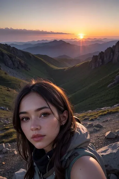 hyperrealistic portrait of a beautiful woman as a rugged female hiker, at the summit of a mountain, surrounded by majestic landscape, skin pores, pores, sunset, smirking, detailed background