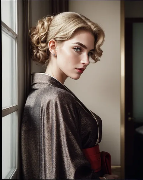(Glamour:1.3) photo of a 20yo, (beautiful:1.2) vivacious, (Russian:1.1), Instagrammer, Yekaterina Volkova,  Deep-set eyes, green color, narrow nose, full lips, Square facial shape, defined jawline, angular cheekbones, arched eyebrows,  (Light skin tone, sensitive complexion:0.9), Long, average density, blonde hair, curly texture, layered cut, styled in a ponytail. , (looking at viewer), Playful expression,  (Dazzling Cheer:1.2), loose plunging pendant necklace, wearing ( Hermès Parisian Chic Kimono, This kimono features Hermès' classic elegance, crafted from exquisite silk with a simple yet refined pattern, The design is effortlessly chic, embodying the understated luxury of Parisian style, :1.2),  (hourglass figure), (realistic skin:1.2), (shiny skin:1.2),( skindentation), (sexy pose: 1.2), Contemporary Hotel bedroom, large glass windows, (Tokyo at Night:1.2), portrait, upper body shot, 3/4 view, (from below:1.2), (dynamic view:1.2), (Cinematic lighting),  Shot using a (Olympus OM-10 Camera:1.3), using a (50mm f/1.8 lens:1.3), on (Kodak Portra film:1.3), in the style of (Vivian Maier:1.3), (Rule of thirds:1.4), <lora:more_details:0.5>
