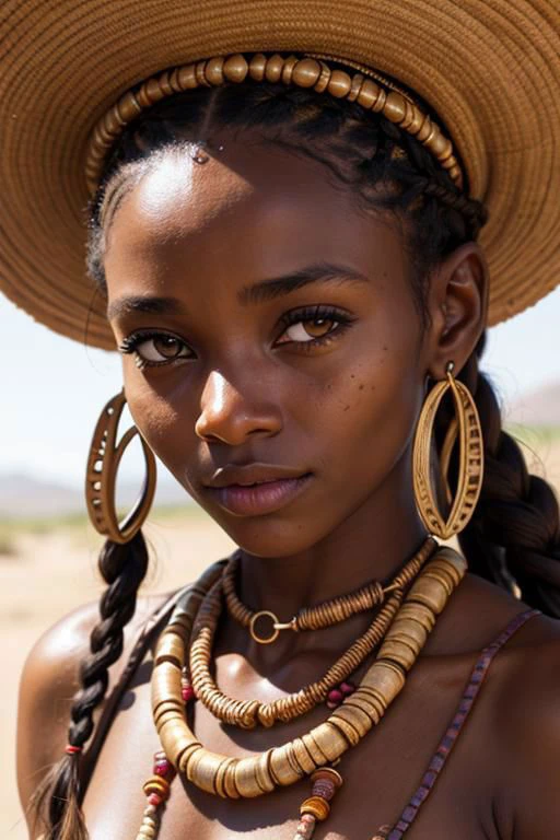 Close-up, Beautiful African woman 22
y. o. from the Himba tribe. Small braids around the head, jewelry made of small beads and copper details, authentic clothing fabric, pronounced natural texture of the facial skin, high-quality photo by National Geographic, dark skin