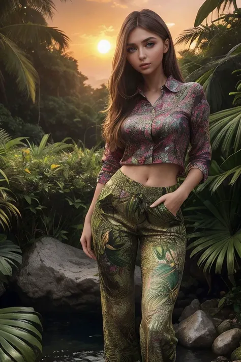 photo of S311_DaryaTaranik,a stylish woman,in a (jungle:1.1),wearing a (multicolored-shirt:1.1) and (capri-pants),(waterfall),(sunset),(4k, RAW photo, best quality, depth of field, ultra high res:1.1),(absurdres, intricate, photorealistic, masterpiece, ultra-detailed:1.1),