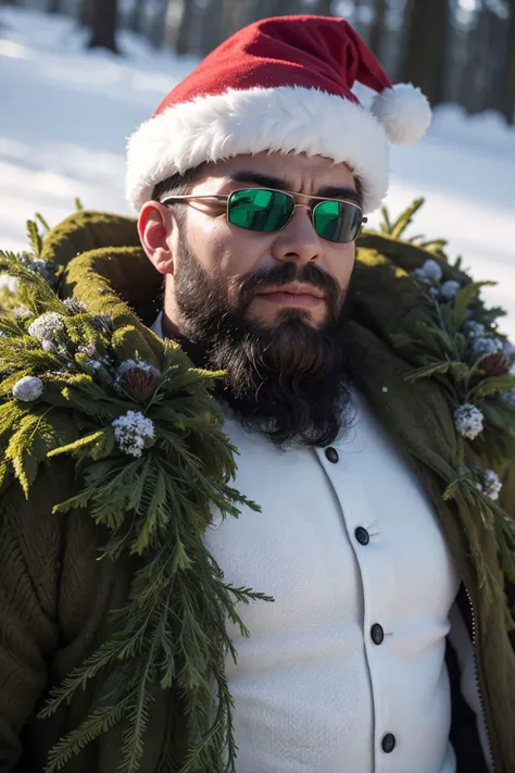 (8k, RAW photo, highest quality), a cinematic shot of an AI Santa Overlord in Mossy Green, mossy beard, christmas hat, cybernetic suit adorned with moss-like patterns, snow, winter, algorithmically generated evergreen wreaths, nanotech toys with mossy textures, verdant holographic presents, perfect lighting, perfect shading, Professional, modern, product-focused, commercial, eye-catching, highly detailed