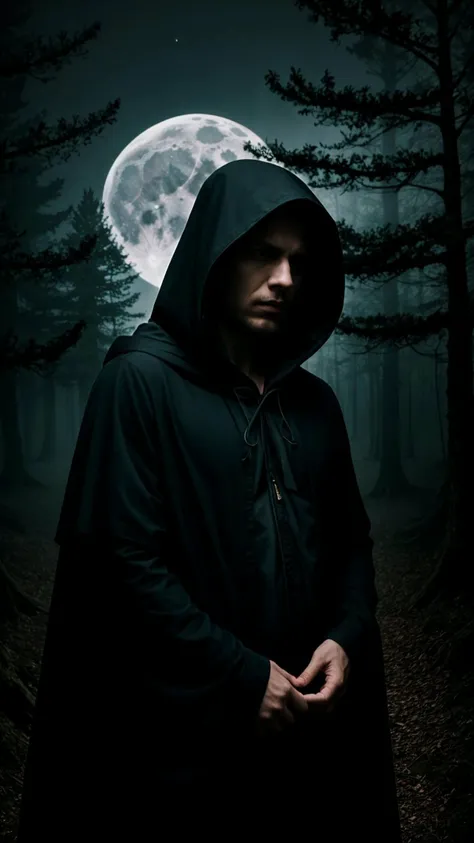 dark hooded cloak, enigmatic expression, mystical aura, twisted branches, eerie forest background, foreboding tranquility, (ancient stone altar:0.55), haunting moonlight,