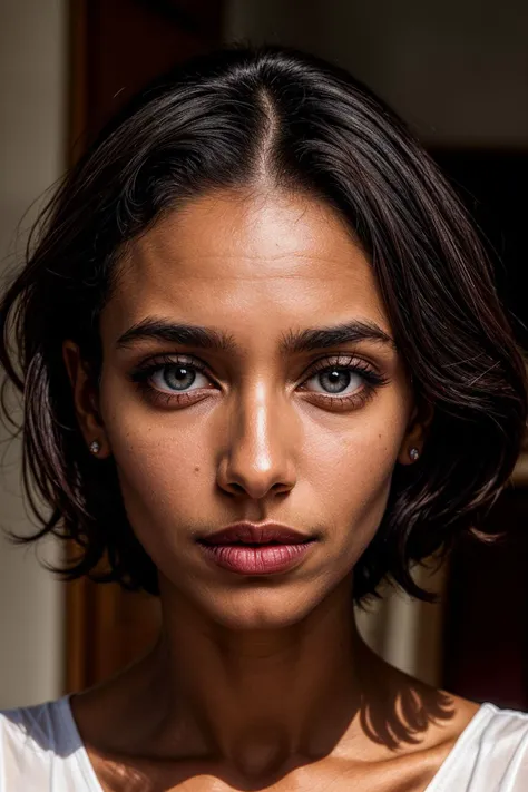 an eye contact of Eritrean woman, 29yo, Irritation, Lavish, cat eye liner, Burgundy Beauty lipstick, proximity, Round eyes, Soft and gentle features, Pageboy Cut haircut, Maple skin tone, (hard lighting:0.8), underexposed, <lora:add_detail:0.7>