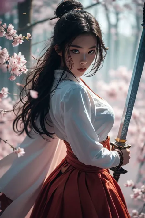 leogirl, seductive leaning forward detailed skin, ultra realistic 8k cg, picture-perfect face, flawless, clean, masterpiece, professional artwork, famous artwork, cinematic lighting, cinematic bloom,((black hair)),(1girl, beautiful korean girl),perfect face, (young:1.1),((fit figure)),((25 year old)), beautiful face, beautiful blue eyes,detail eyes, detail face, (((perfect female body, narrow waist))),(large breasts:1.3)lora:GoodHands-beta2:1>, , ((girl standing)),<lora:more_details:0.3>, upper body,blade to side,strike pose,blade down,blade right hand,, cherry blossoms,, (masterpiece, best quality, high quality, highres, ultra-detailed), <lora:Sword Sakura:0.5>