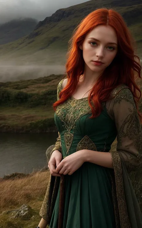 (perfect lighting:1.2),(dynamic photoshoot pose:1.2), (Layered Depth, Parallax Effect, Soft focus foreground:1.3),(high quality:1.4),(best quality:1.4),( cute face, masterpiece:1.4),official art,official wallpaper,surreal,(detailed landscape:1.1),(whimsical atmosphere:1.1),(powerful energy:1.1),vibrant colors,(detailed:1.05),(extremely detailed:1.06),sharp focus,(intricate:1.03),cinematic lighting,(extremely intricate:1.04),(adorned:1.09),   fFaceDetail   outdoor Scottish highlands, vivid sunset hues, fantasy setting. A striking redhead woman, (distinctly Scottish), wearing an elaborate elven inspired gown is a fusion of deep emerald green and earthy browns, with intricate Celtic knotwork embroidery in gold thread, Flowing sleeves, a fitted bodice+, short skirt , fiery red hair is styled in a cascade of loose curls, green eye, stands atop a grassy knoll, overlooking a misty loch. In her hands, she holds an ancient, rune carved staff, emanating a soft, other worldly glow.,
